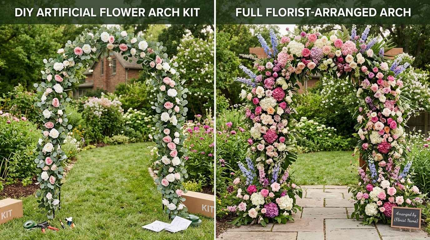 DIY artificial wedding arch kit compared to florist-arranged floral arch