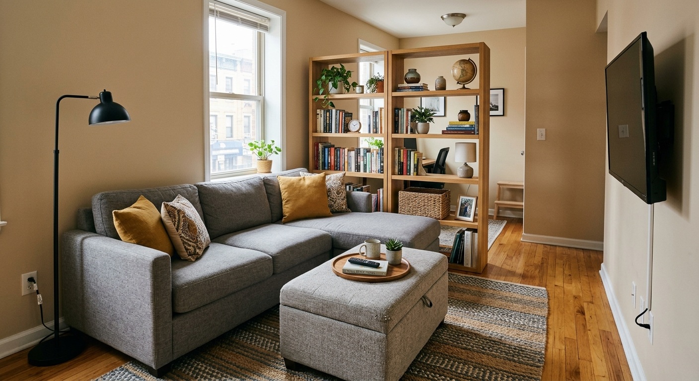 Small living room decor idea using a storage ottoman and bookshelf room divider