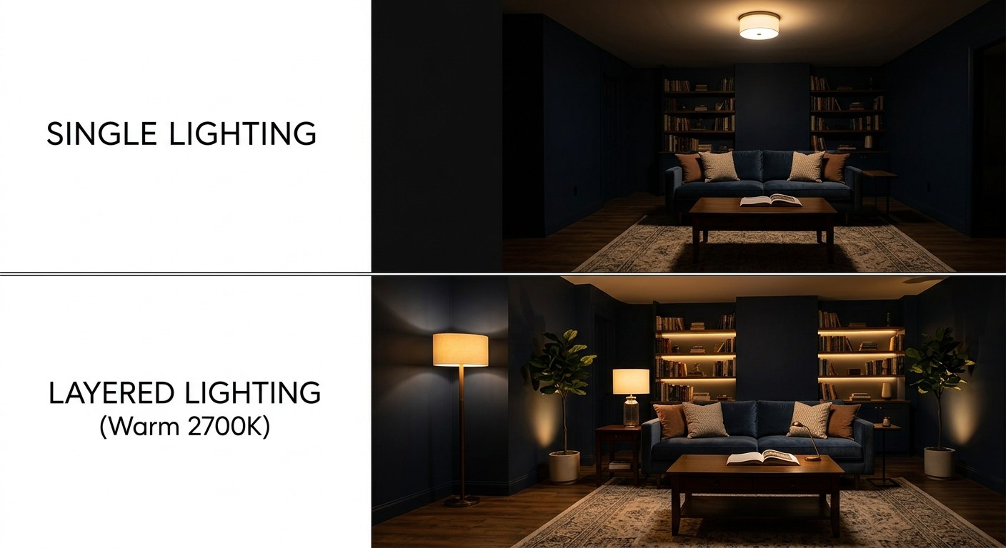 warm 2700K layered lighting in a dark living room