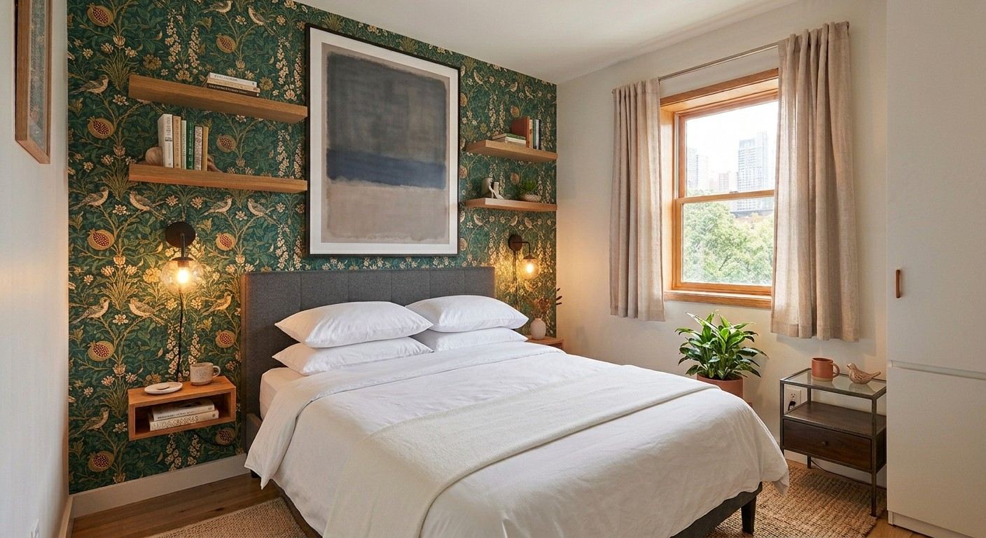 Renter-friendly bedroom decor with removable wallpaper and plug-in lighting