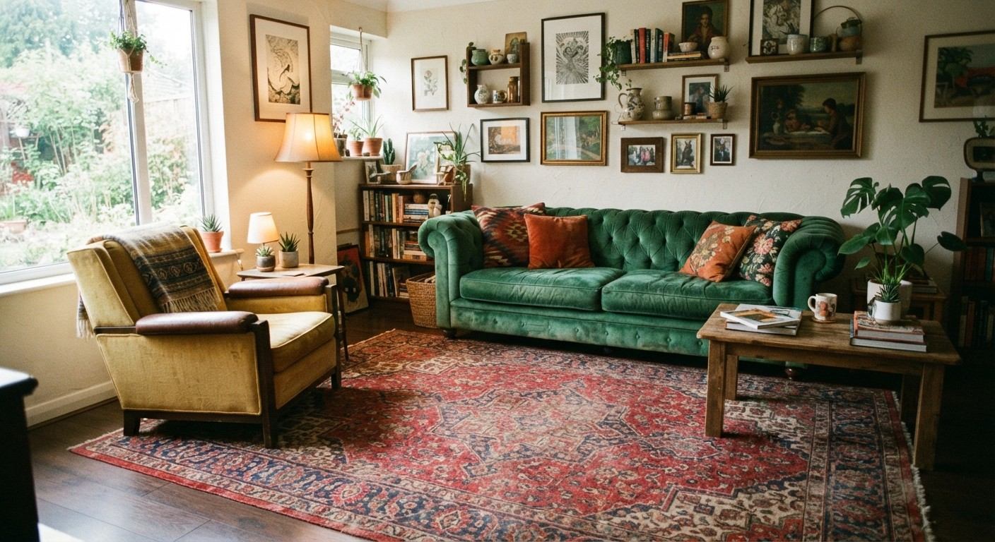 eclectic living room decor theme mixing mismatched furniture with a unifying rug