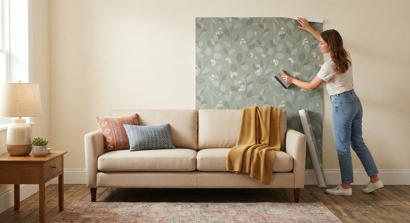 Renter-friendly living room decor DIY using peel-and-stick wallpaper behind a sofa