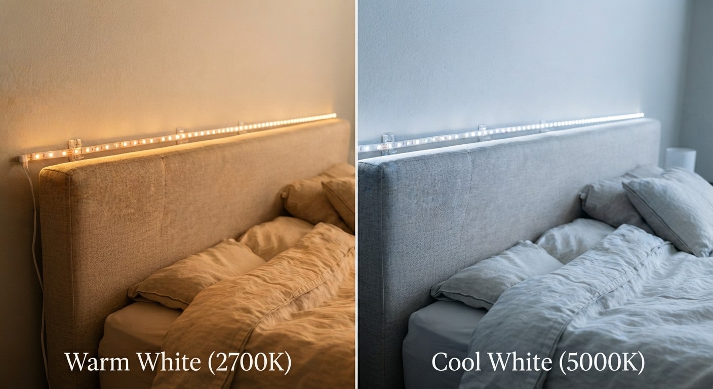 Warm white vs cool white LED light comparison in a bedroom