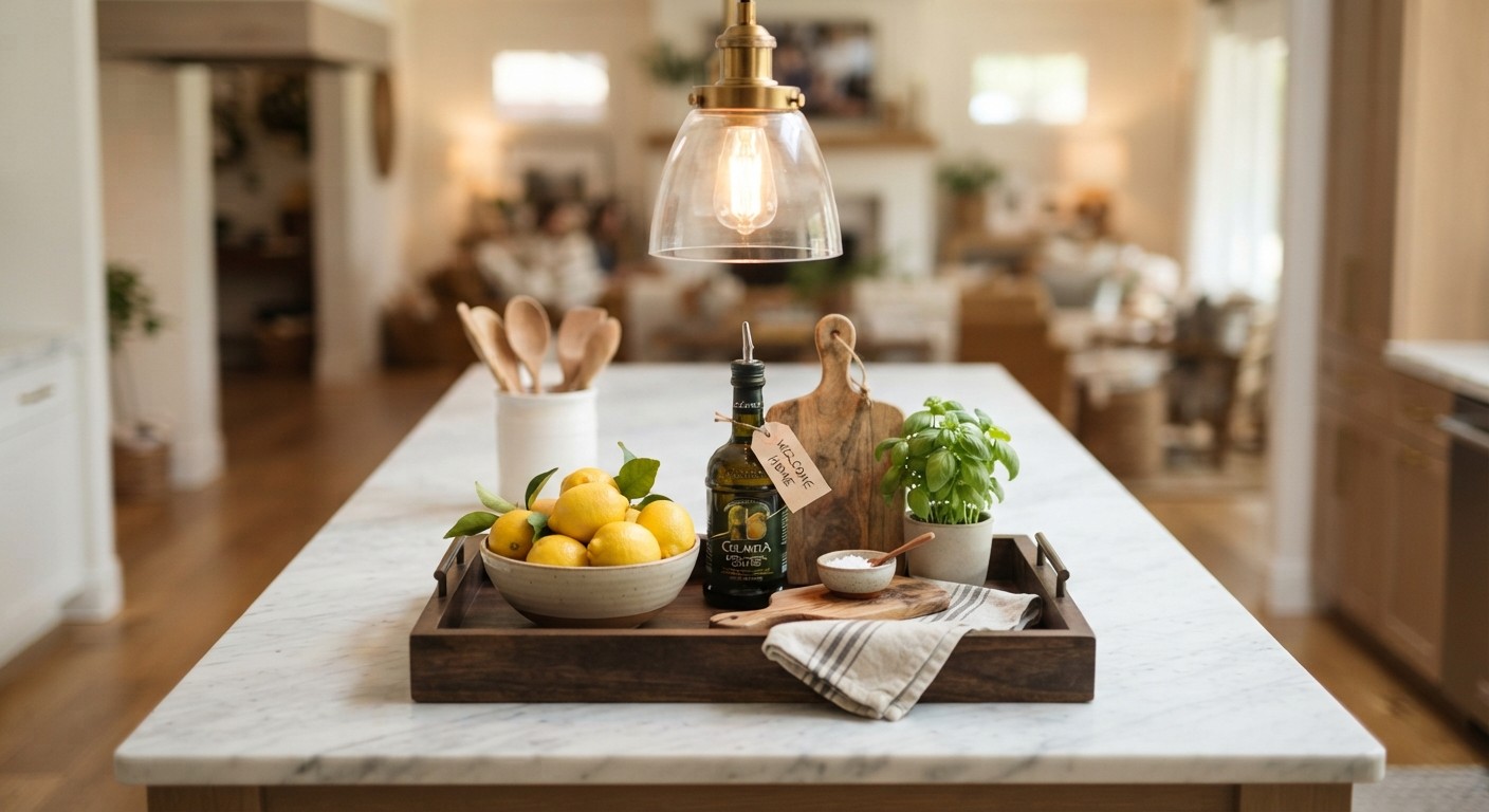 styled kitchen island tray with lemons and olive oil under a pendant light for a housewarming