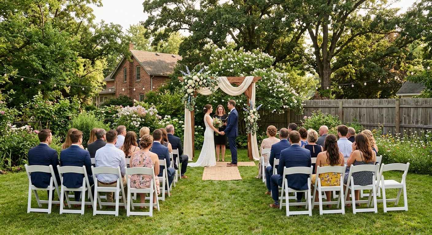 backyard wedding ceremony with rented wooden arch and folding chairs
