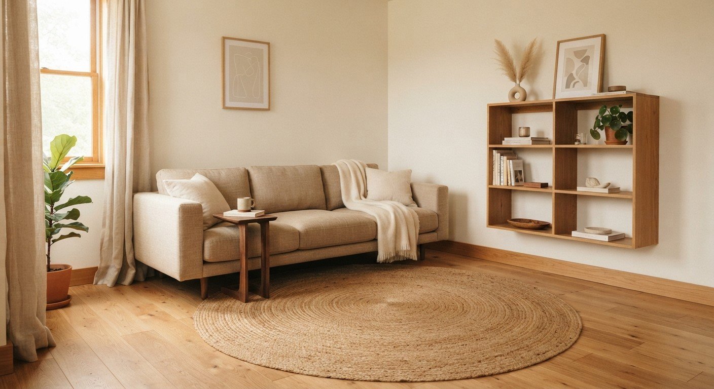 warm minimalist living room decor theme with jute rug and wood shelving
