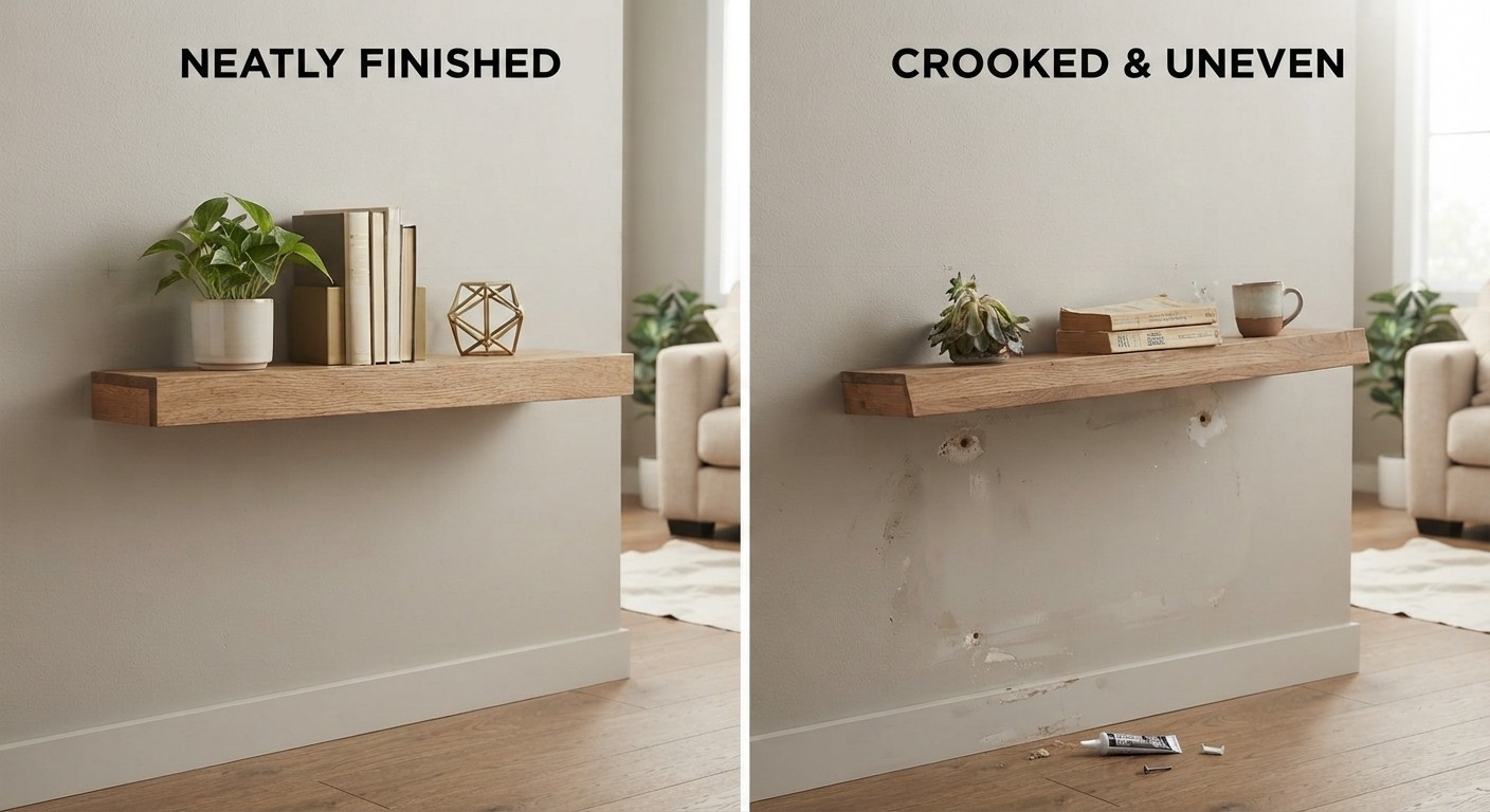 Comparison of a well-finished versus homemade-looking living room DIY shelf