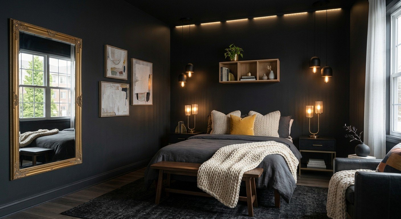 Black wall paired with a mirror in a small, low-light room decor idea