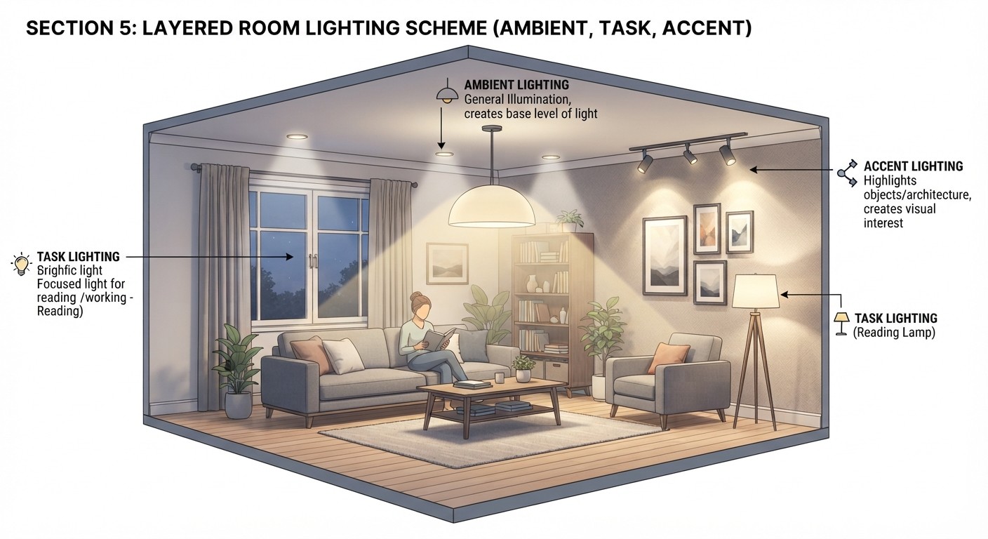 ayered room lighting diagram showing ambient, task and accent lights