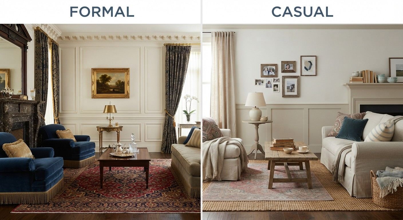 Formal versus casual traditional living room decor compared