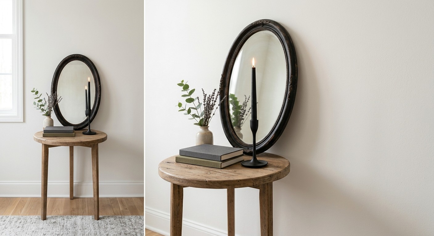 a small side table styled with a black-framed mirror and a black taper candlestick against a light wall.