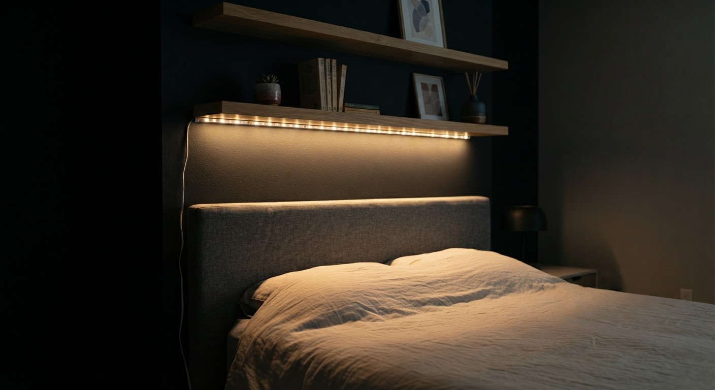 Warm LED accent lighting in a black-painted bedroom