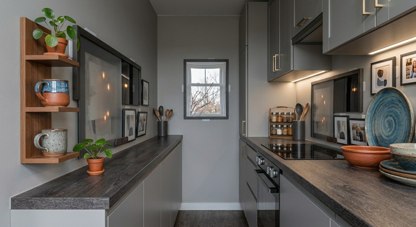 Vertical floating shelf kitchen wall decor idea for small galley kitchens.