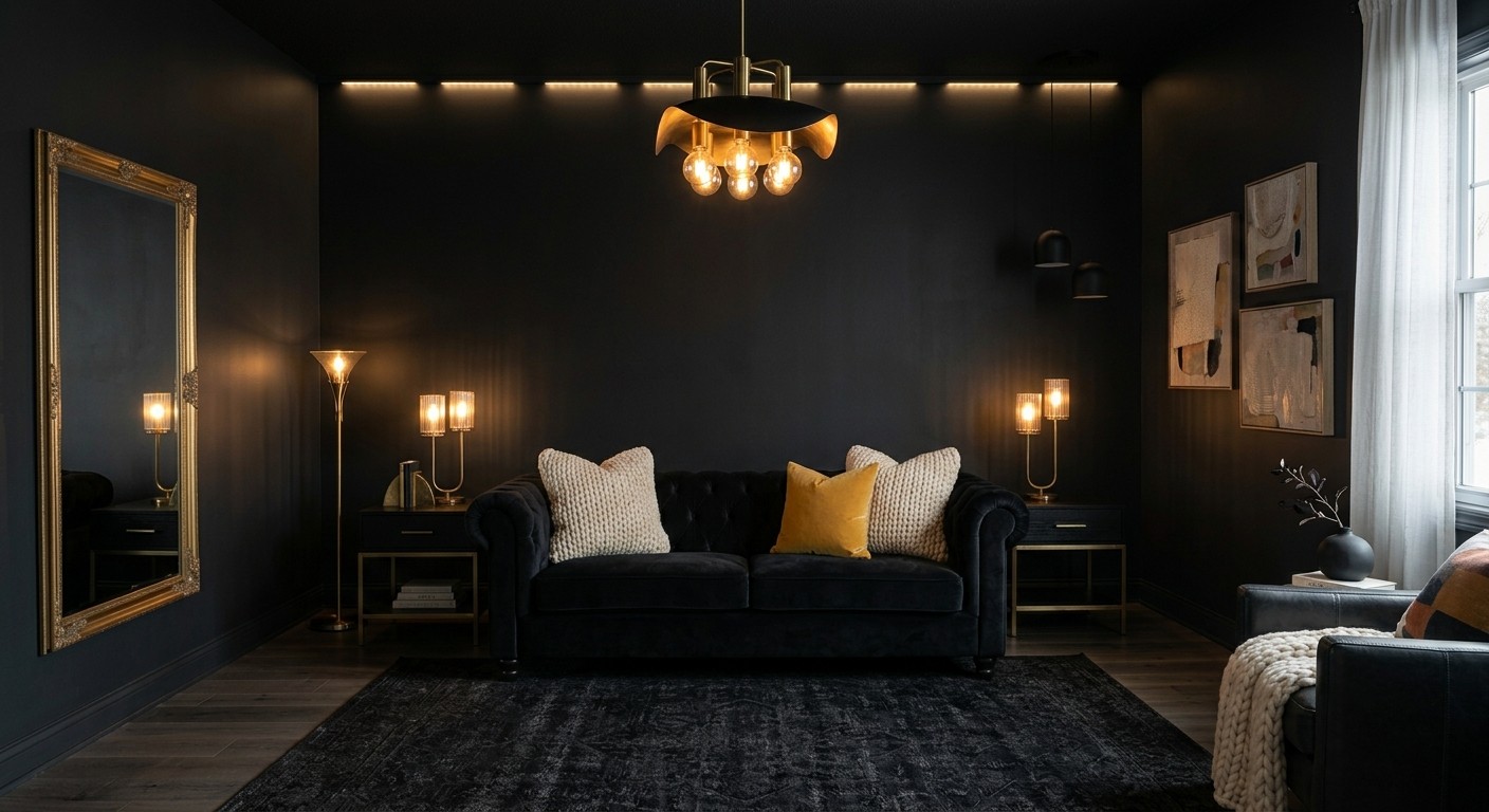 Fully black room decor idea with layered lighting and brass accents