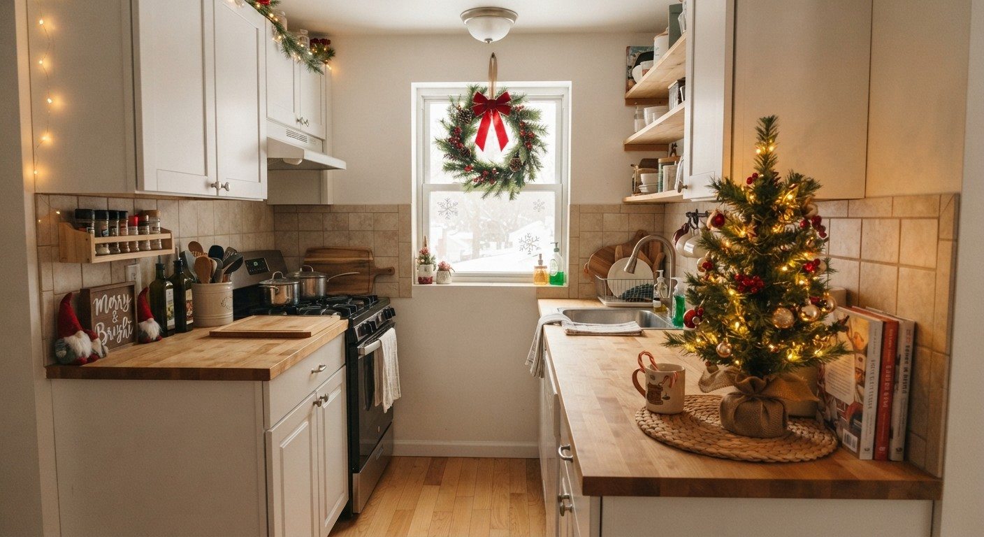 Small apartment kitchen with a single Christmas wreath and mini tree on the counter