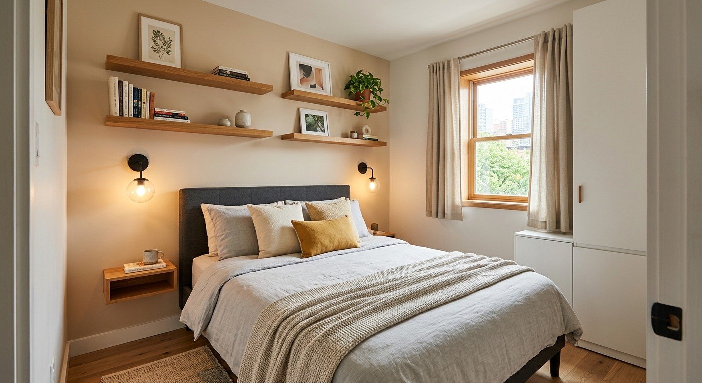 Small bedroom decor idea with floating shelves and wall-mounted sconces