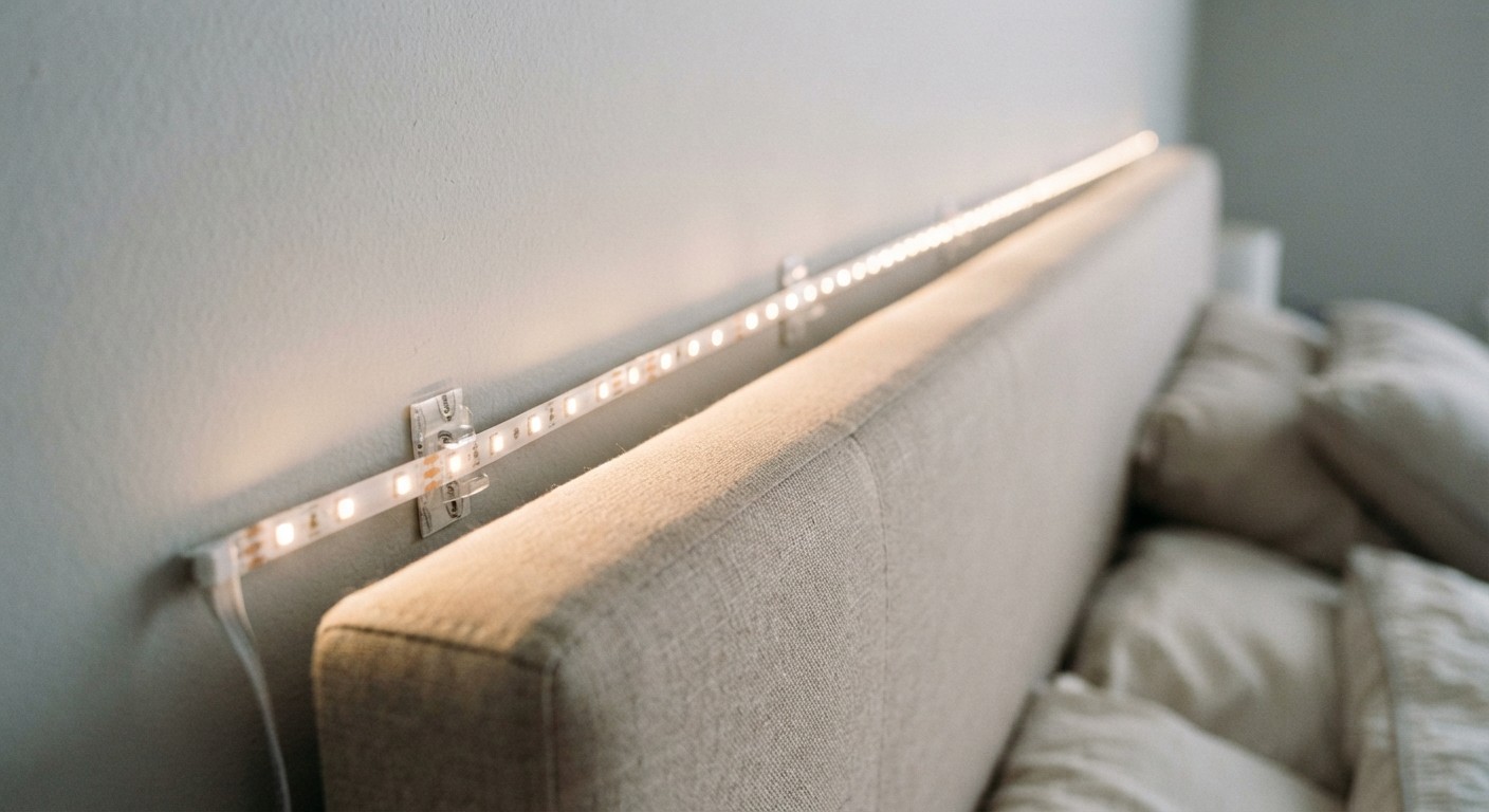 Command strip mounting for renter-safe LED strip lights behind a headboard
