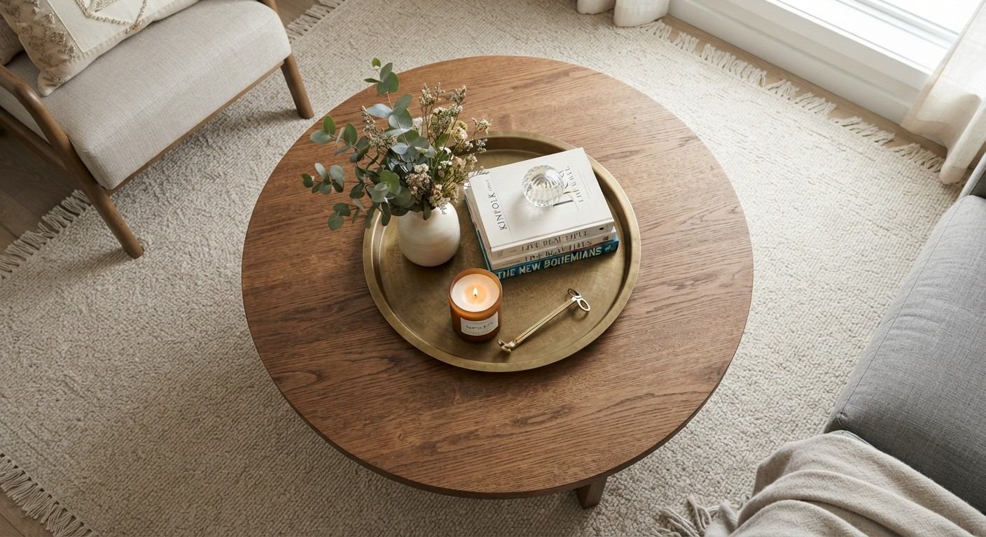 Finished living room decor table styled with three objects and a tray