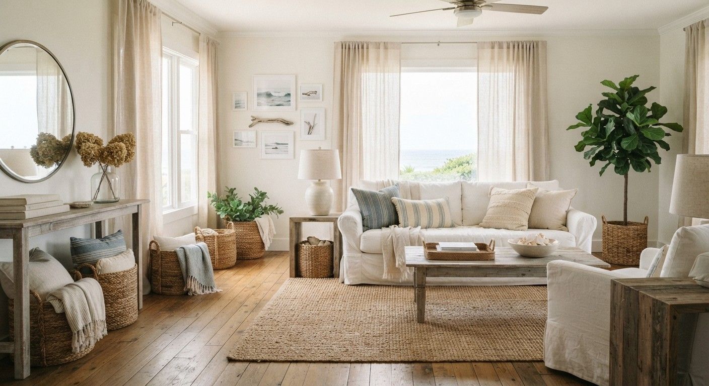coastal living room decor theme with slipcovered sofa and woven baskets