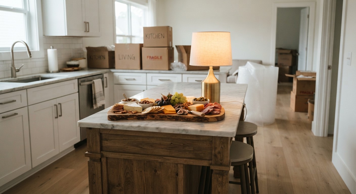 small kitchen island styled with a wooden serving board and cordless lamp for a housewarming kitchen decor idea