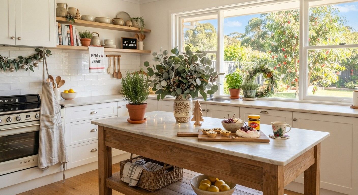 Summer Christmas kitchen decor in Australia with potted rosemary and faux eucalyptus