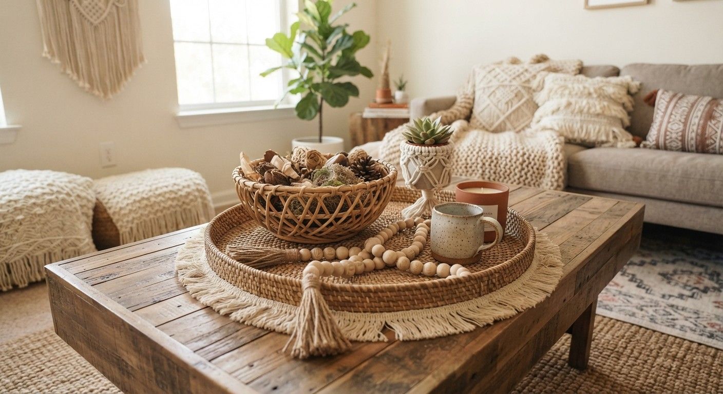 Boho living room decor table styled with a woven tray and wooden beads