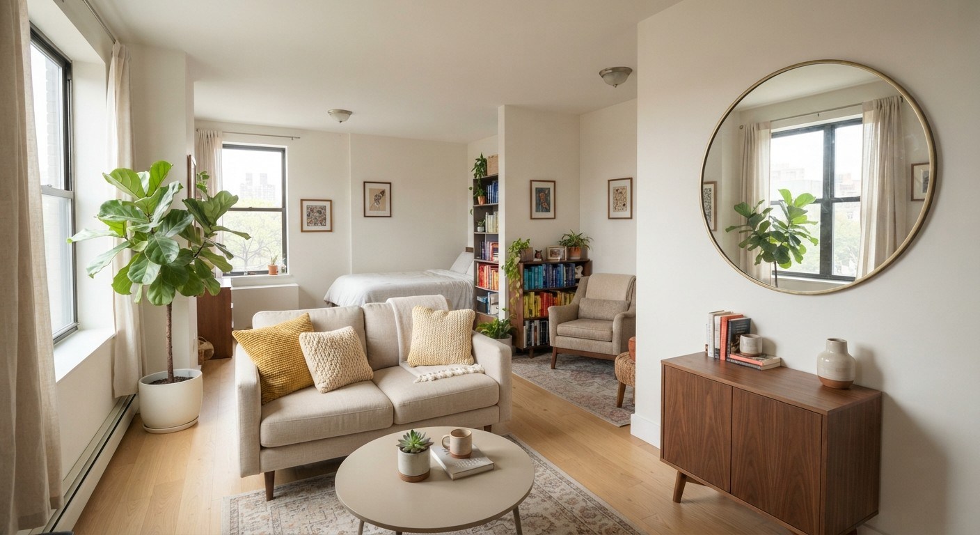 Small living room dopamine decor using colorful cushions and a mirror to brighten the space