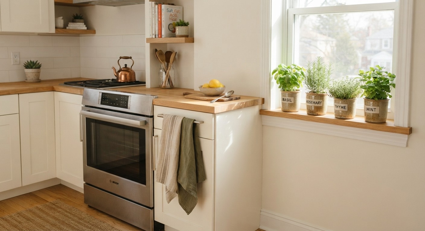 linen tea towel and herb pots styling a bare apartment kitchen for house warming