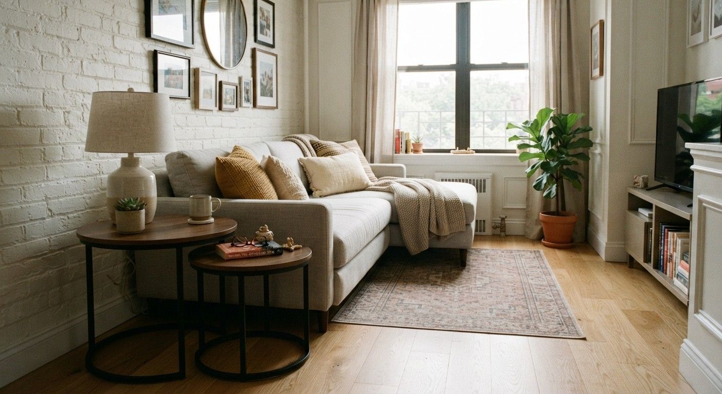 Nesting side tables in a small apartment living room decor table setup