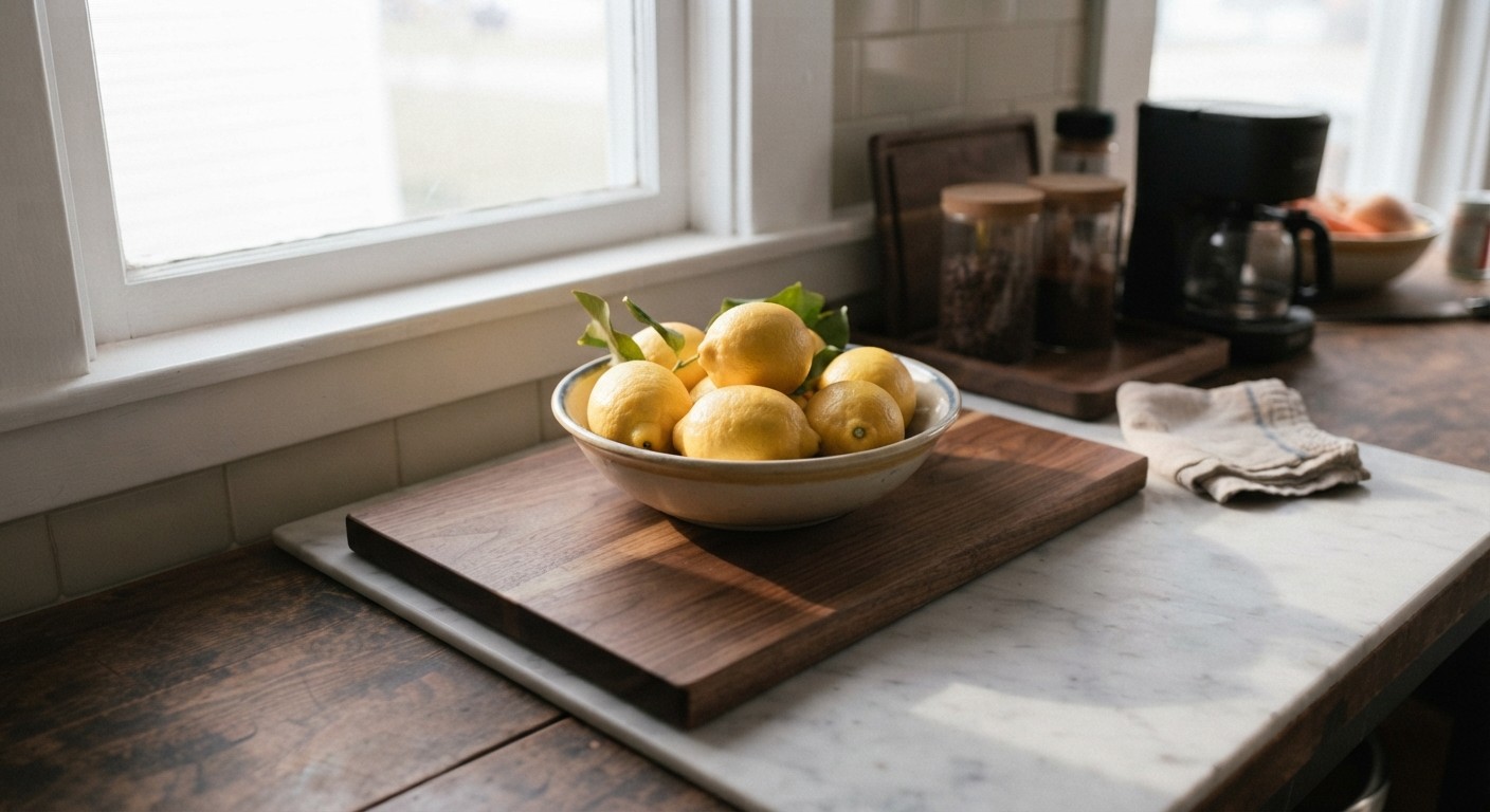 Bowl of lemons on a board protecting a marble kitchen countertop