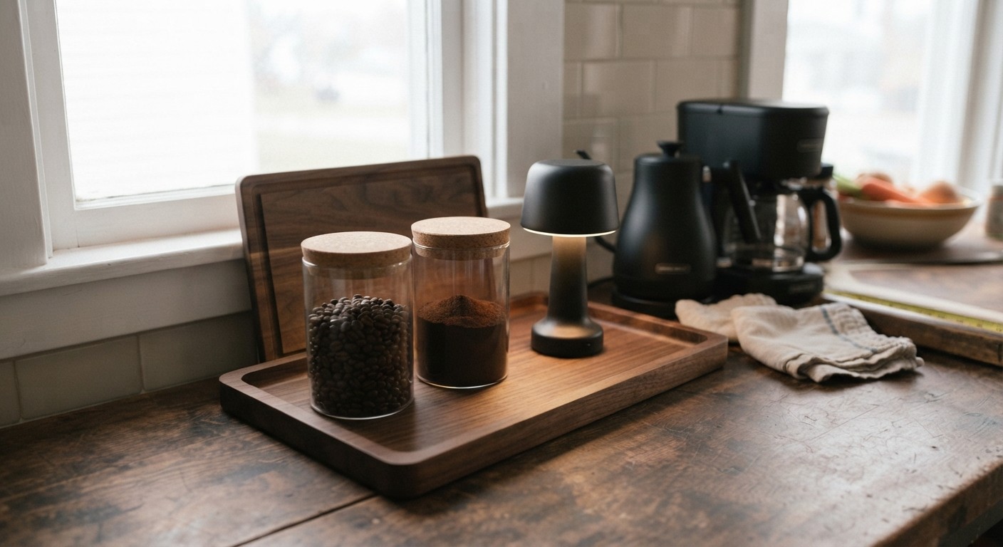 Kitchen countertop coffee station with glass canisters, wooden tray and cordless lamp