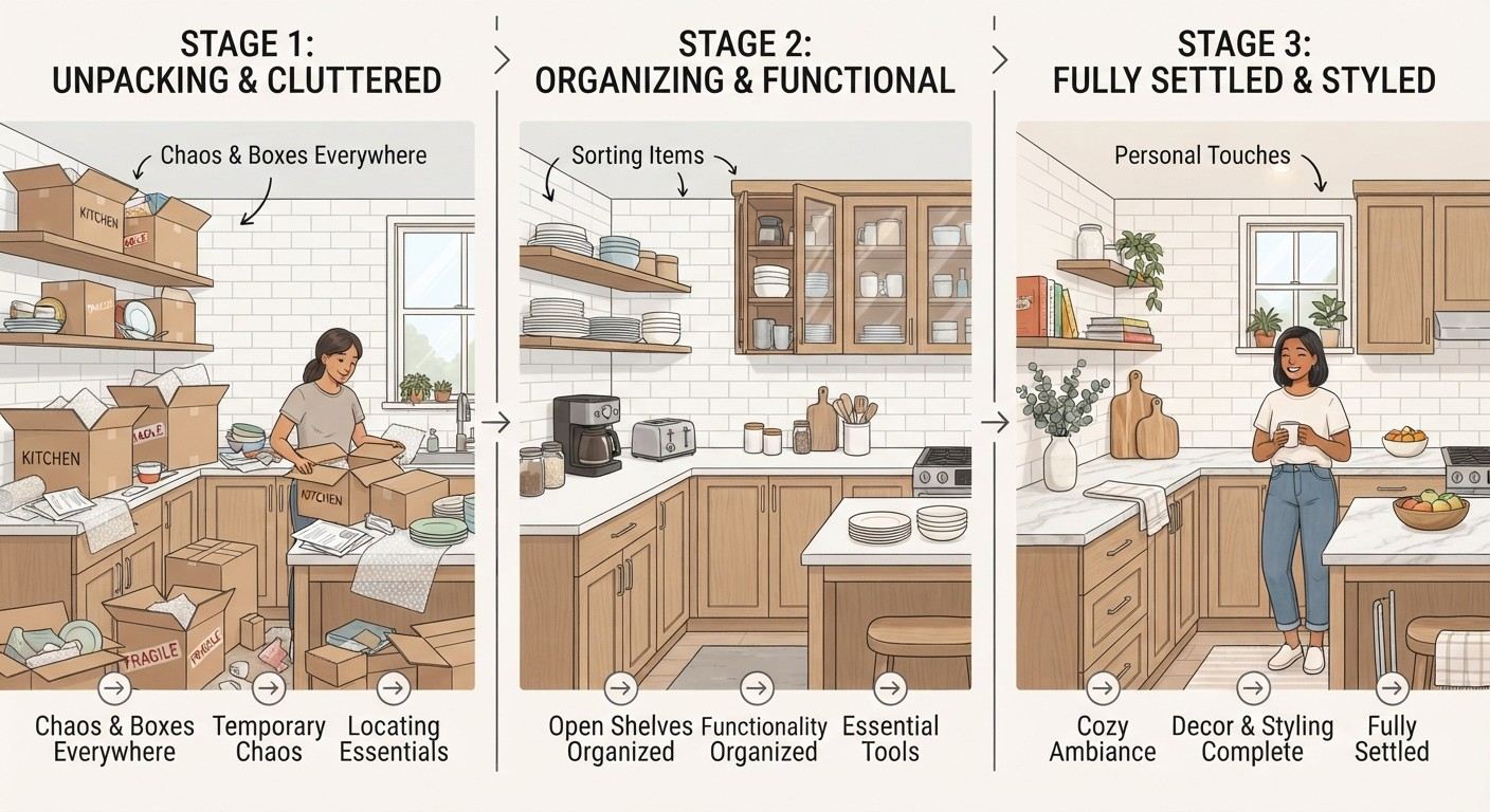 housewarming kitchen decor stages from boxes to fully settled