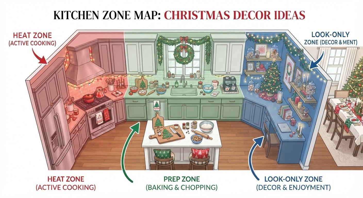 Kitchen layout diagram showing heat zone, prep zone and look-only zone for Christmas kitchen decor ideas