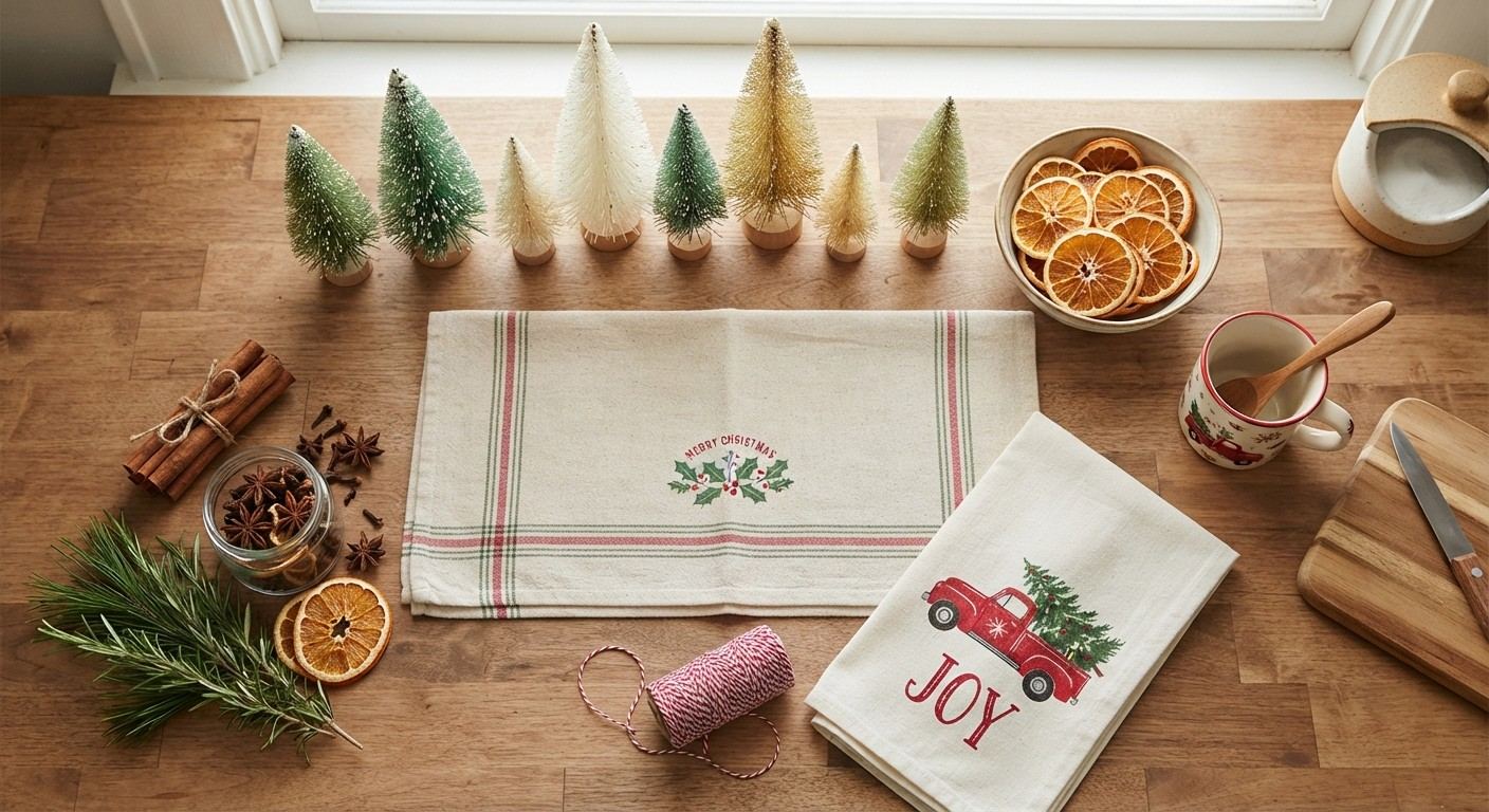 Budget kitchen decor ideas for Christmas including bottle brush trees, dried orange slices and tea towels