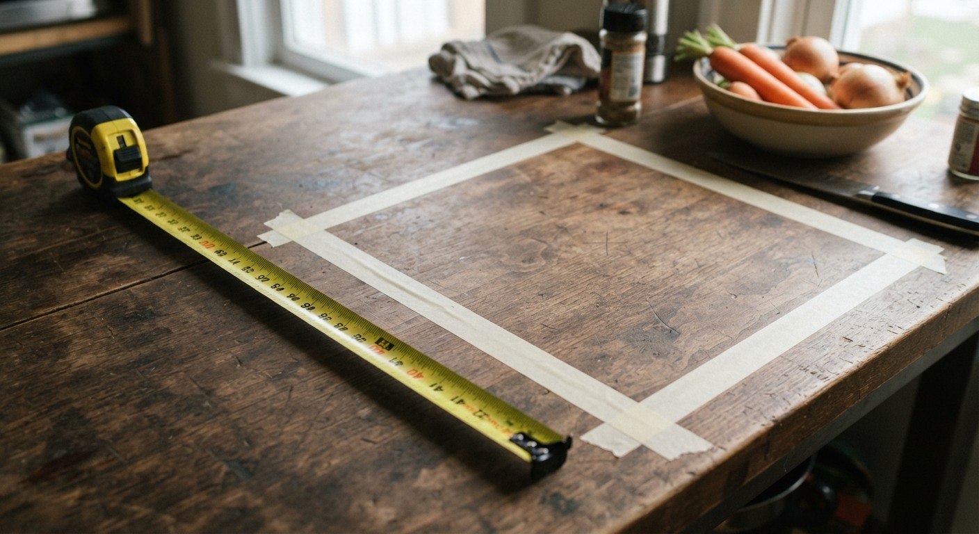 Measuring and taping off a prep zone on a kitchen countertop before adding decor