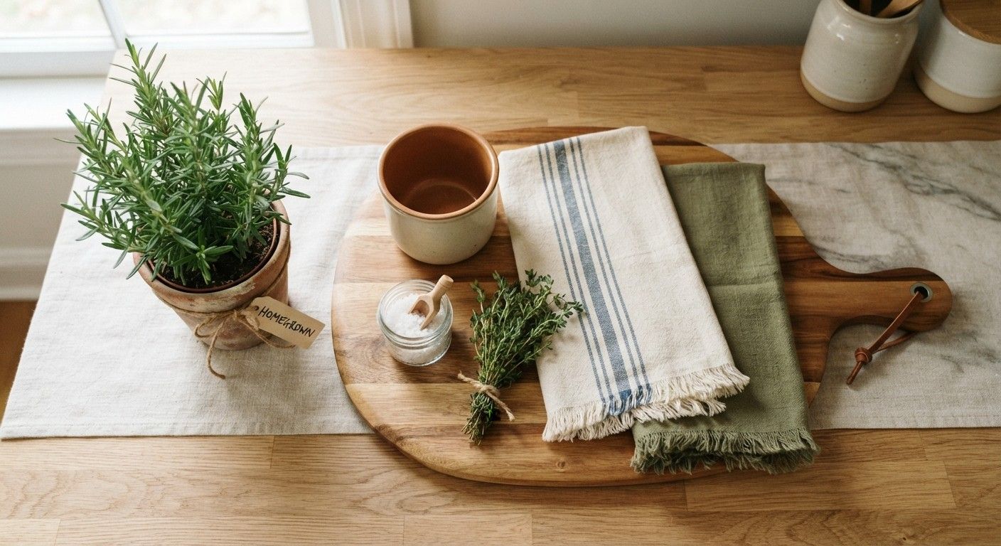 kitchen housewarming gift ideas: serving board, linen tea towels and potted herb
