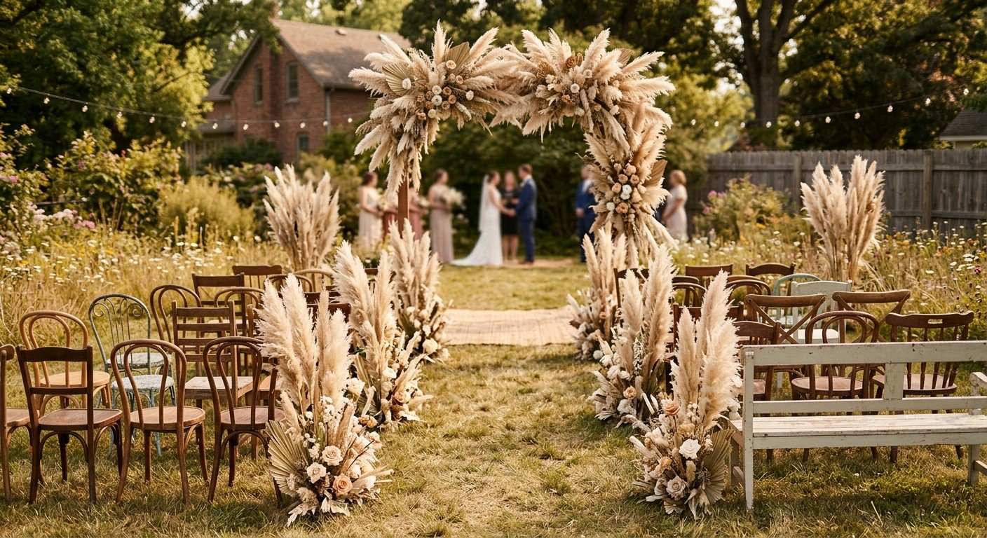boho garden wedding aisle decor with pampas grass and vintage chairs