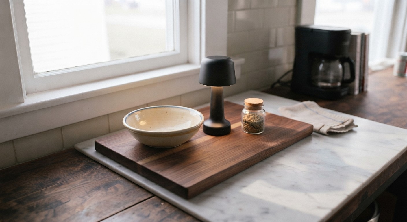 Styled kitchen countertop with one tray of decor and a clear prep area