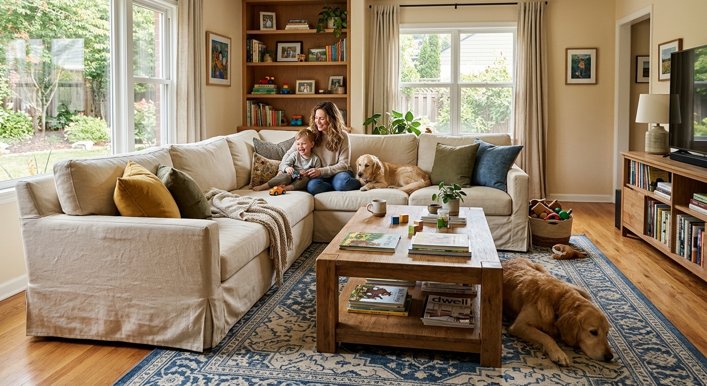 Kid- and pet-friendly living room decor with washable rug and solid wood coffee table