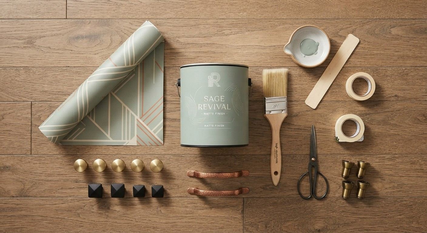 Budget living room decor DIY supplies including paint, contact paper and hardware