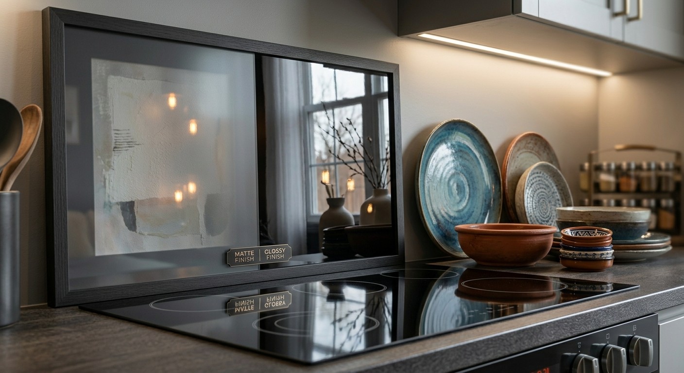 Glass-framed kitchen wall art safely displayed near a stovetop splatter zone.
