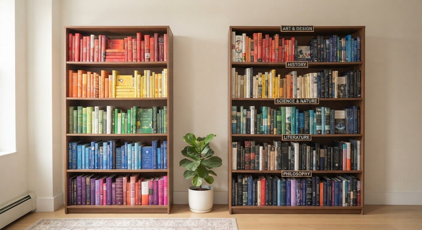 Living room bookshelf styling comparing color-sorted books with subject-sorted books and colorful objects