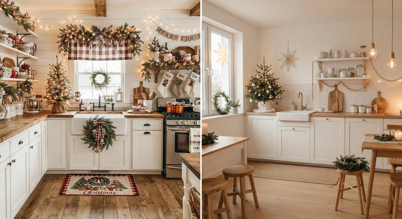 Farmhouse and Scandi Christmas kitchen decor ideas side by side