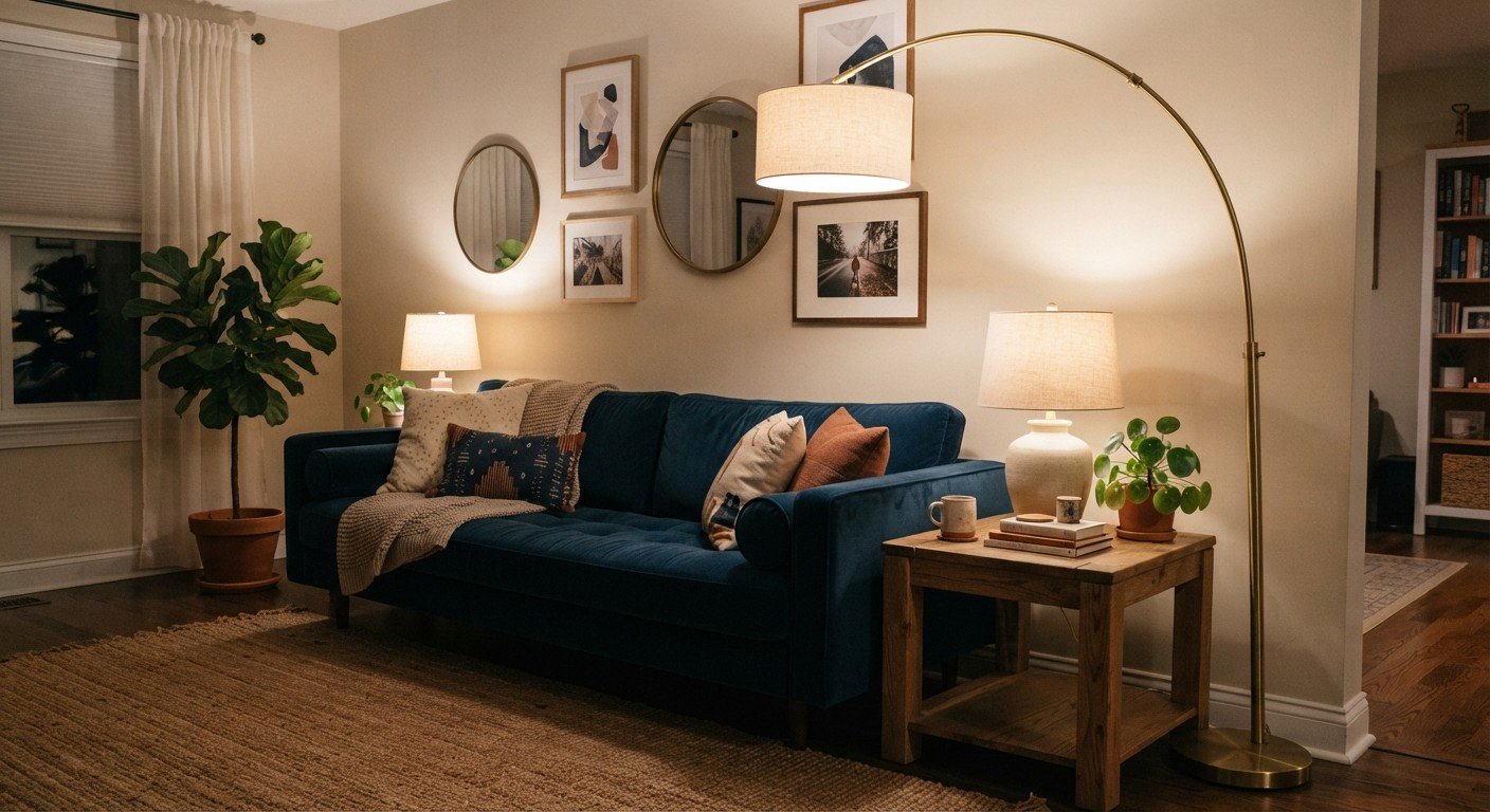 arched floor lamp and table lamp layering light in a living room, room decor ideas with lights