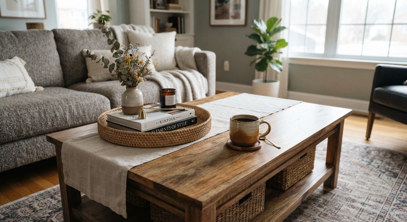 Styled living room decor table with a tray and open space for a mug