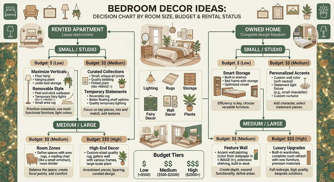 Bedroom decor ideas decision chart by room size, budget, and rental status