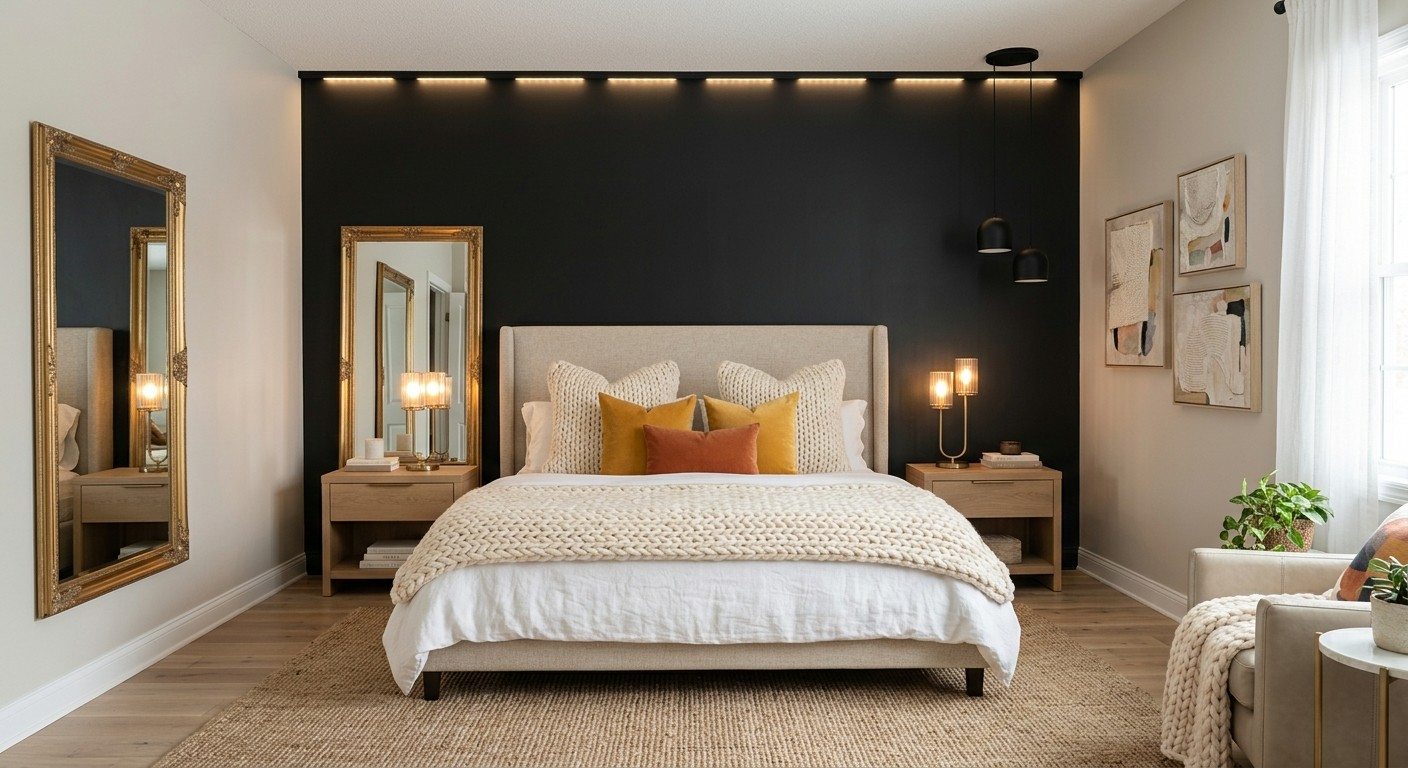 Black accent wall behind bed as a mid-commitment black room decor idea