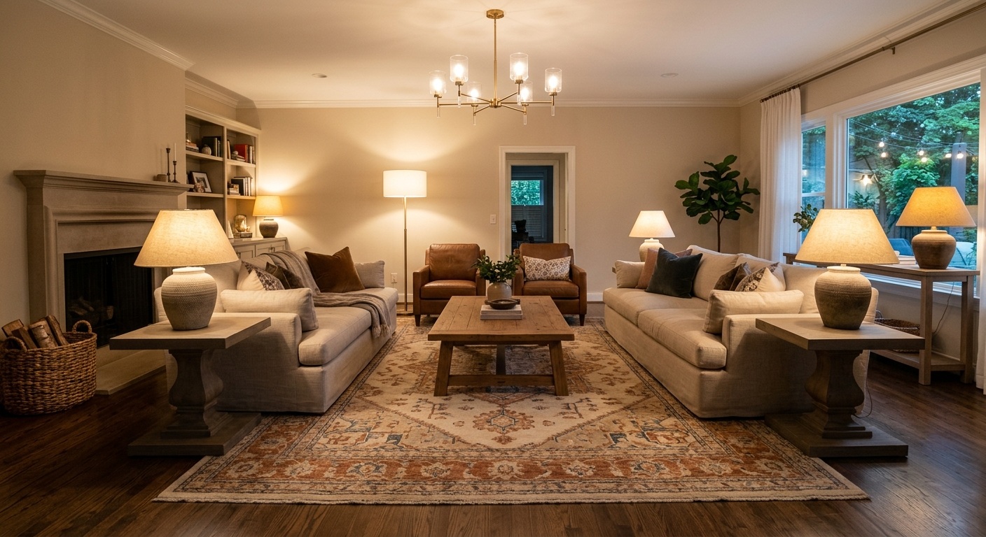 Living room decor idea with oversized area rug and layered lighting for a large room