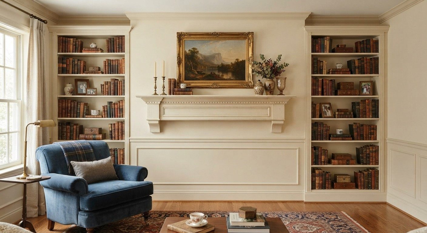 Traditional living room mantel with bookcases and no fireplace