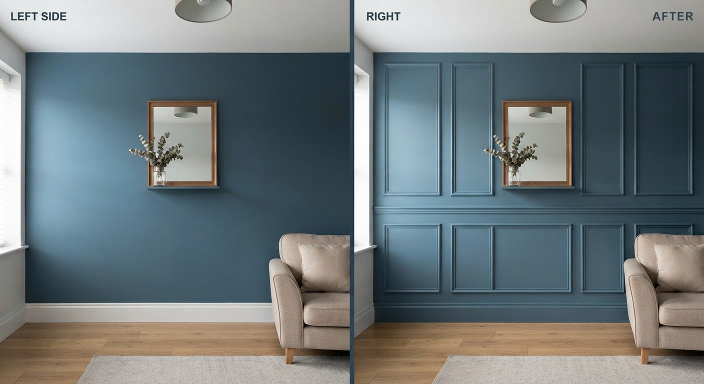 Picture-frame molding on a living room wall, before and after